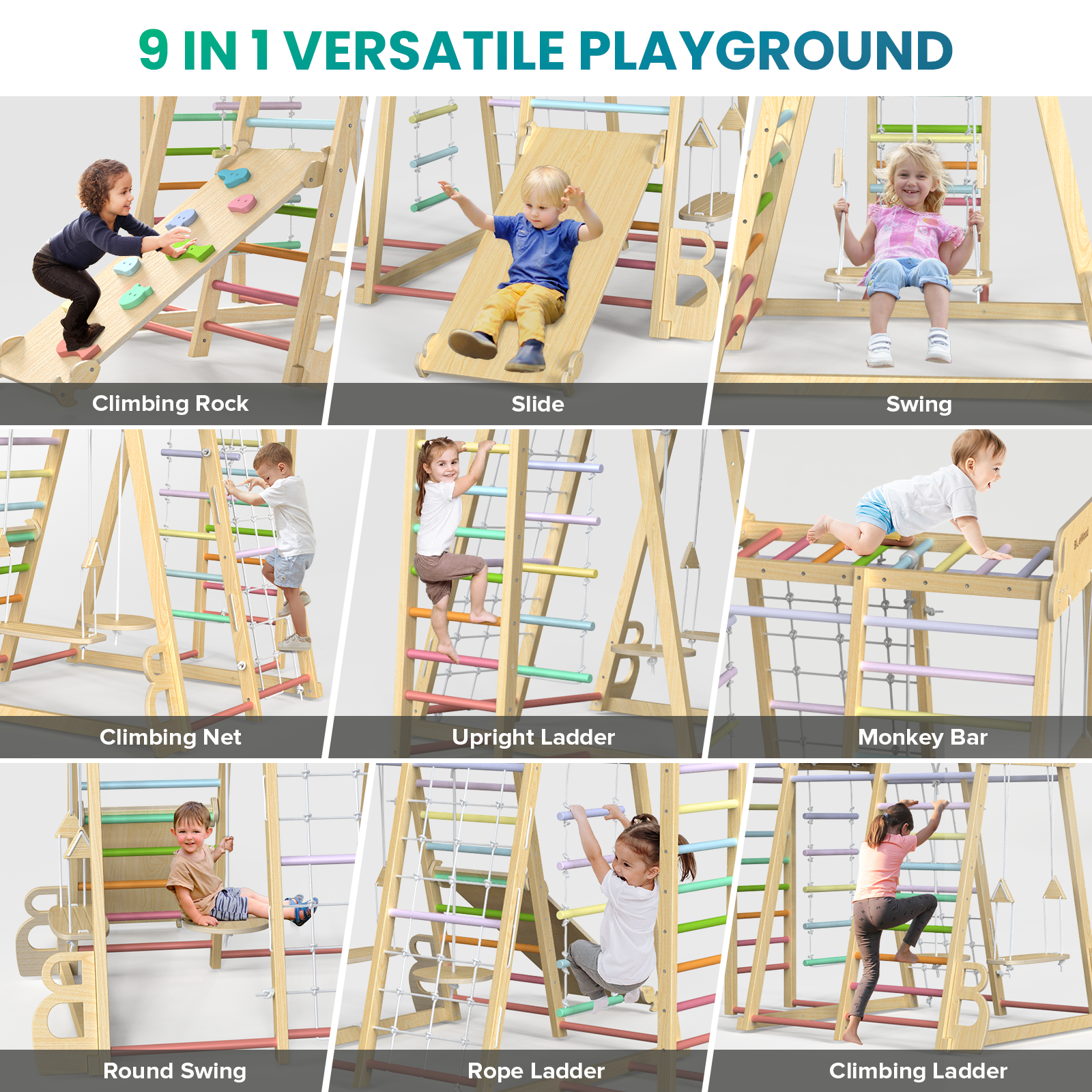 Safari Land - Juegos de columpios para gimnasios de jungla de interior BlueWood® *Arcoíris